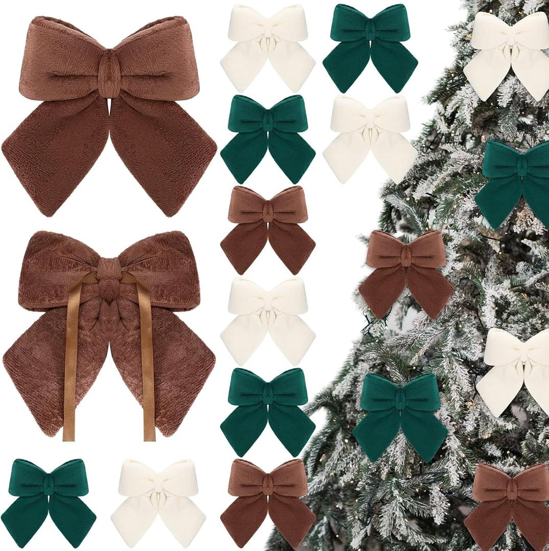 12 Pcs Neutral Velvet Christmas Tree Bows Plush Stuffed Bows for Christmas Tree Hanging Ornament Xmas Fireplace Wreaths Home Decor(Neutral Colors)