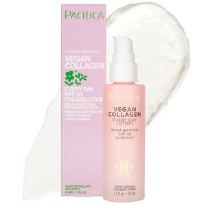 Pacifica Beauty Vegan Collagen SPF 30 Broad Spectrum Sunscreen Every Day Face Lotion, UVA/UVB Protection for All Skin Types, Lightweight, Moisturizing & Hydrating, Cruelty Free, White, 1.7 Fl Oz