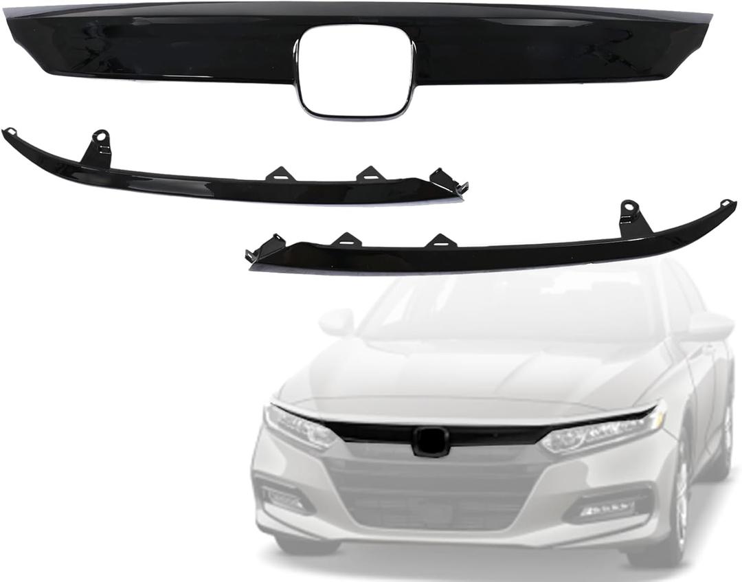 71122-TVA-A01 Front Upper Grille Grill Molding Trim 3-Piece Set Compatible with Honda Accord Sedan 2018 2019 2020 (Center+Left ＆ Right Sides) - Glossy Black