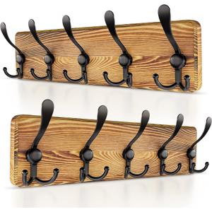 Rustic Coat Rack Wall Mount Solid Pine Wood Wall Coat Rack with 5 Triple Hooks Pre-Assembled Hook Rack 17" Long, 16" Hole to Hole Heavy Duty Wall Mounted Coat Hanger - 2 Pack