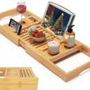 Foldable Bamboo Bathtub Caddy Tray Expandable for Luxury Bath, Bath Accessories & Table with Wine Glass Holder, Book Stand Bathroom Organizer with Extending Sides for Men/Women (Natural)