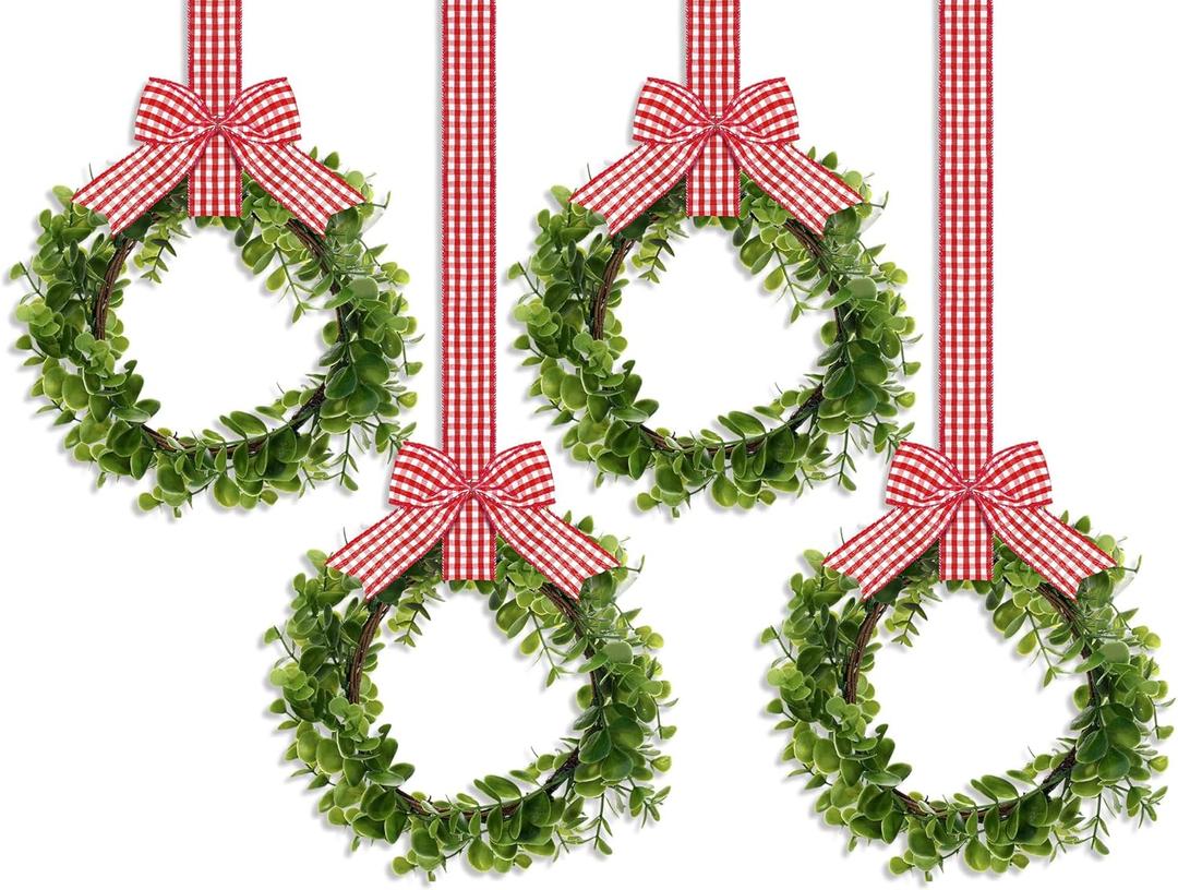 WILLBOND 4 Pcs Christmas Kitchen Cabinet Wreath Boxwood Garland with Ribbon Greenery Garland Hanging Wreaths for Cabinet Wall Window Door Fireplace Party Farmhouse Decor(Red and White,Fabric)