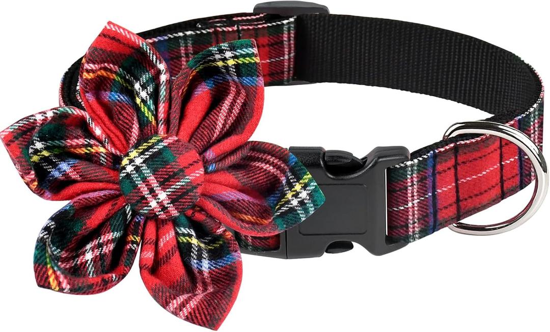 Malier Christmas Dog Collar with Flower, Classic Buffalo Plaid Dog Collar with Buckle Adjustable Christmas Collars with Bow Tie for Small Medium Large Dogs Puppy (Large, Scottish Plaid)