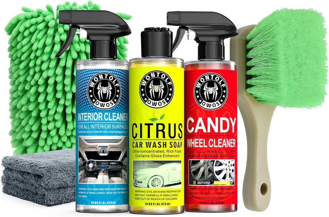 Car Wash Kit with Car Wash Soap Shampoo, Interior Cleaner, Wheel Cleaner, Car Detailing Cleaning Care Kit for Cars Trucks RVs SUVs Motorcycles Detailing Cleaning