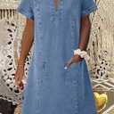 loveimgs Women Casual Short Sleeve Denim Dress V Neck Tunic Mini Jean Shift Dress Jumper Knee Length Boho Sundress Pocket (Blue, L)