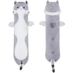 Yeqivo Soft Cat Plush Pillow, Grey Long Cat Stuffed Animals Soft Long Kitten Plushies Kawaii Cat Stuffed Plush Toy for Kids Girlfriend(50cm/19.6inch)