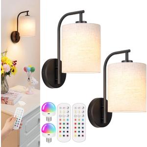 MATAMEYE Battery Operated Wall Sconce Set of 2, Black Rechargeable Wireless Wall Light Fixture with Remote, 12 RGB Colors & Timer, Indoor Dimmable Wall Lamp with Linen Shade