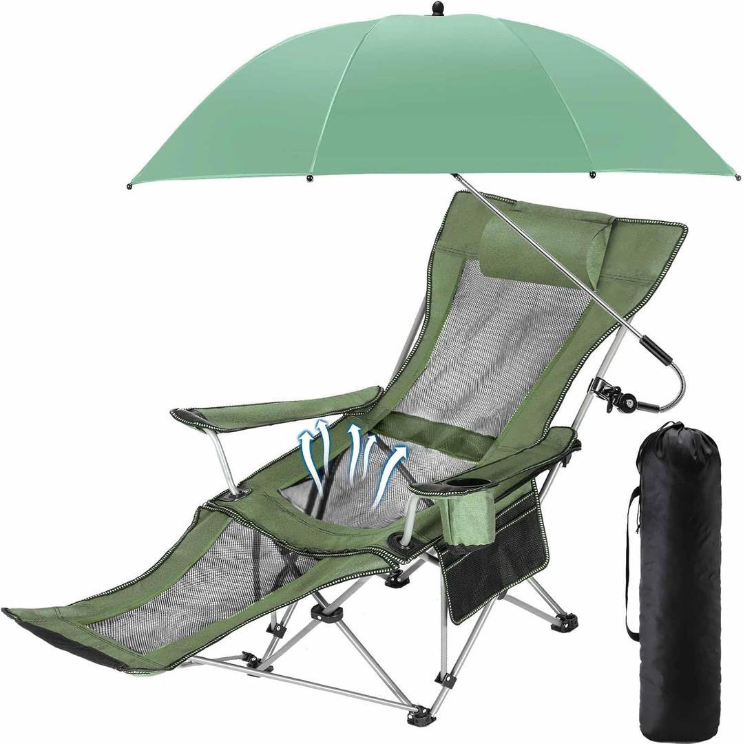 Yuntau Single Reclining Camping Chair with Removable Umbrella Folding Camp Chair for Outdoor(Green)