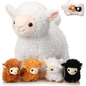 Lenwen 5 Pcs Lamb Stuffed Animal Toys Sets, 14 Inch Mommy Lamb Plush with 4 Cute Babies in Her Zippered Tummy Soft Cuddly Sheep Plushie for Farm Christmas Birthday Easter Gifts(Cute Style)