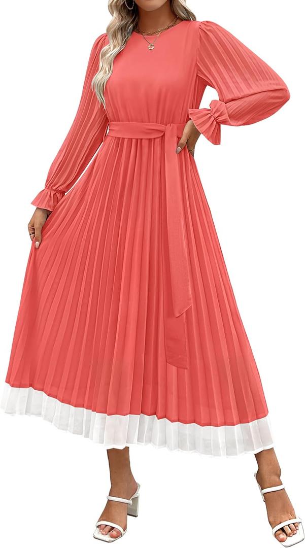 ZESICA Women's Spring Long Sleeve Chiffon Dress Casual Crew Neck Pleated A Line Flowy Midi Dresses with Belt Small 