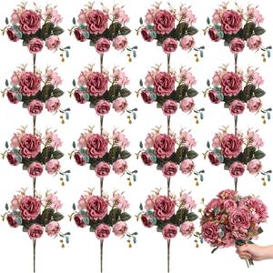 Yunlly 16 Packs Artificial Peony Flowers Faux Peonies Bouquet Silk Vintage Wedding Home Table Door Decor Reusable Bouquet Rose Flowers for Bridal Wedding Birthday Home, (Dark Pink, Elegant)