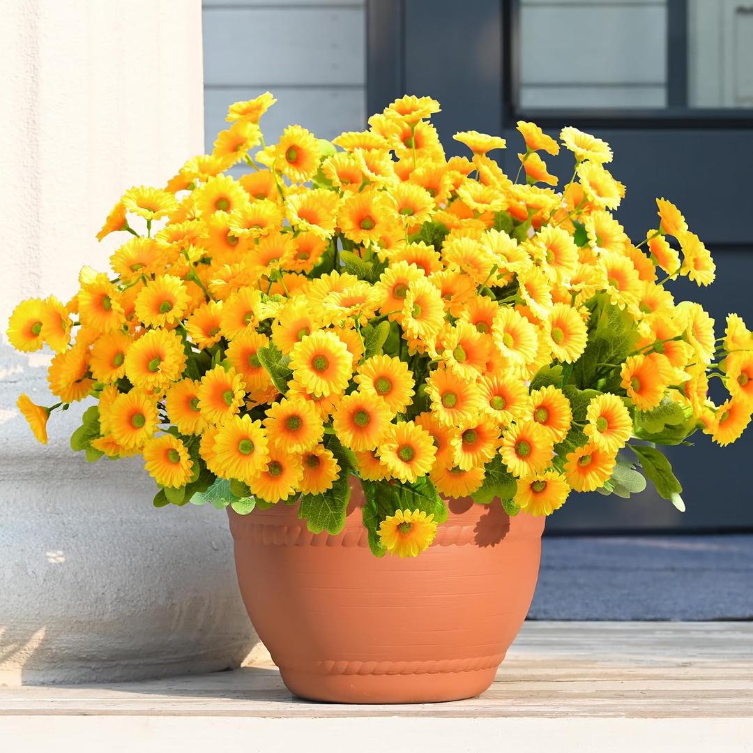 Waipfaru Artificial Flowers for Outdoors Faux Plants, UV Resistant Artificial Outdoor Flowers, Yellow Silk Daisy Realistic Fake Mums Flower for Front Porch Spring Home Planter Patio Decor, 12 Bundles