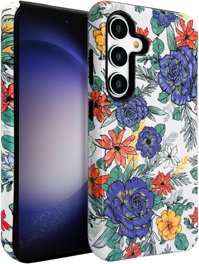 J.west Floral Galaxy S24 Plus Case 5G 6.7 inch - Vintage Blue Flowers Print, Slim Dual-Layer Hybrid Shockproof Bumper with Anti-Scratch Cover, Protective Phone Case for Women Girls