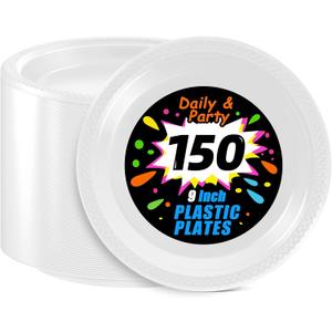 WELLIFE White Plastic Plates 9 Inch -150 Count for Party, Disposable Plastic Party Plates for Wedding Dinner Birthday Engagement