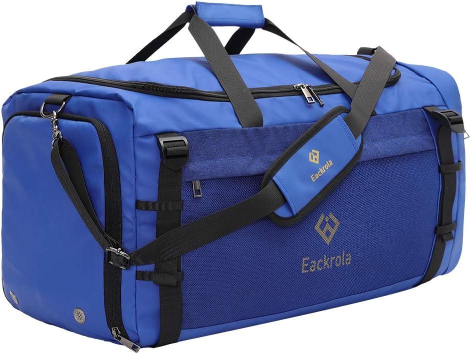 Eackrola Large Sports Gym Bag, Travel Duffel bag with Wet Pocket & Shoes Compartment for men women, 65L, Lightweight (Blue)