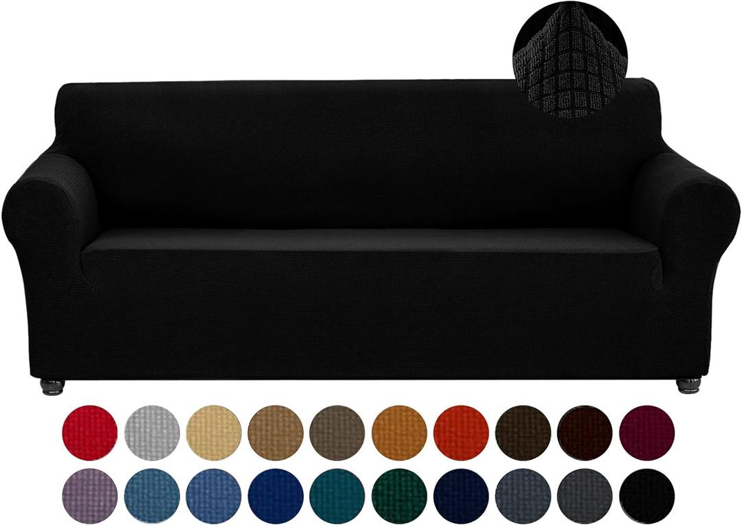 Joccun Stretch Couch Cover Slipcovers, 1-Piece Sofa Covers for 3 Cushion Couch Spandex Jacquard Washable Furniture Protector Cover for Living Room,Kids,Pets(Sofa,Black) (Large78"-94")