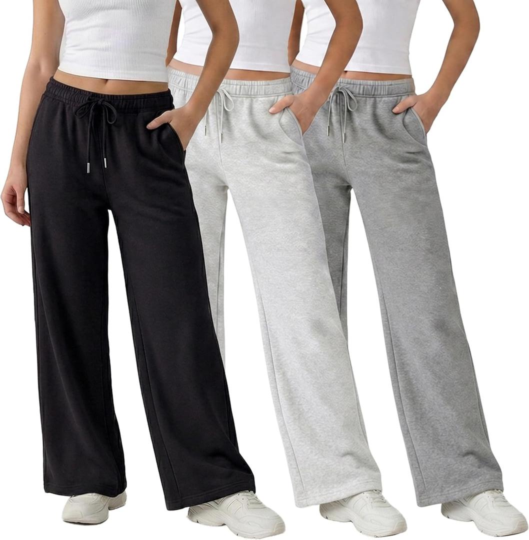 Common Stitch 3 Pack Wide Leg Fleece Lounge Sweatpants for Women Deep Pockets, Relaxed Fit, Elastic Drawstring Waist (Gray, S)