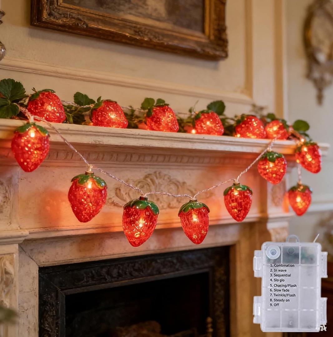 14FT 20LED Fruit Strawberry String Lights Battery Powered Indoor Outdoor 8Mode Lighting Lamp for Wedding Home Birthday Garden Yard Patio Party Christmas Tree Cute Decorations