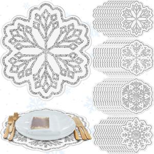 100 Pcs Snowflake Paper Placemats Disposable Winter Snowflake Place Mats Decorative Table Mats Bulk for Christmas Winter Party Supplies Table Setting(Elegant Style,Silver)