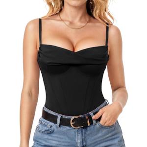 Popilush Corset Bodysuit for Women Tummy Control Shapewear Bodysuits Cowl Neck Going Out Tops Concert Outfits, Black, XL