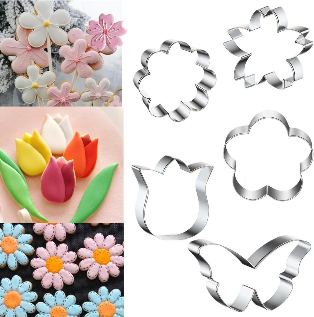 Spring Summer Flowers Cookie Cutters - Rose, Sunflower, Tulip, Daisy Flower, Butterfly, Stainless Steel Holiday Cookie Cutter Shapes for Baking Gift