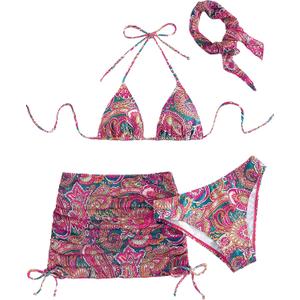 SHENHE Women's 4 Piece Paisley Swimsuit Halter Tie Back Sexy Triangle Bikini Sets with Cover Up (Large, Red)