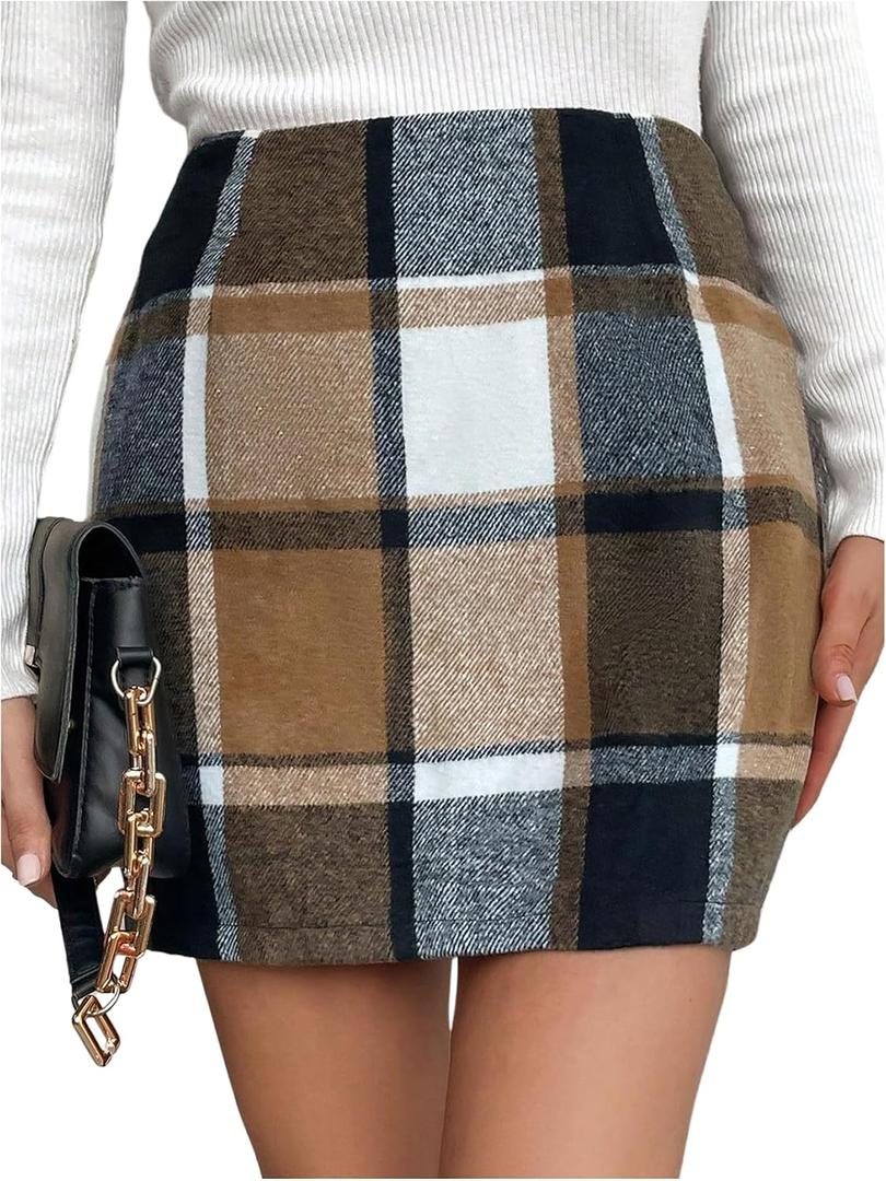 MakeMeChic Women's Plaid Skirt High Waisted Zipper Elegant Bodycon Skirts Yellow Small