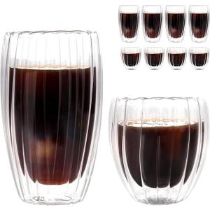WeirdUncle Set of 8 Double Walled Glass Cups, 4 Thermo Espresso Glasses 9oz & 4 Ribbed Glassware 15oz, Fluted Dsesign, Insulated Coffee Mugs, for Iced Coffee, Latte, Cappuccino, Water, Gift