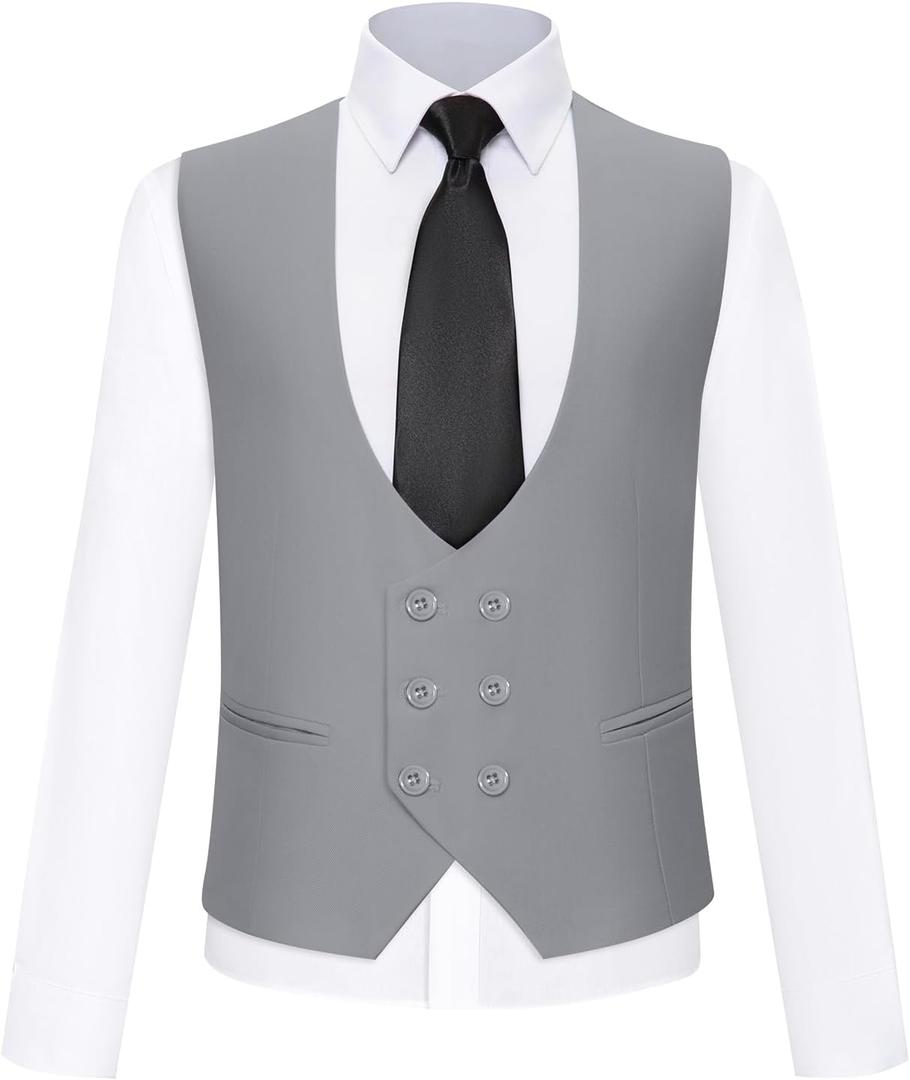Boys Formal Suit Vest Double Breasted Solid Wedding Vest for Boys (7, Light Grey)
