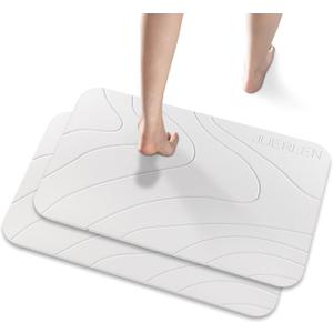 JUERLEN 2 Pack Diatomaceous Earth Shower Mat, Stone Bath Mat, Nonslip Super Absorbent Fast-Drying Hard Bath Mat for Bathroom Shower Floor, 24 x 16 inch, White Wave Design
