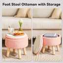 IBUYKE 13 Inch Foot Stool Ottoman with Storage, Round Small Foot Rest with Padded Seat and Wood Legs, Teddy Velvet Mini Footstool for Living Room Couch Bedroom Entryway, Pink WBD006P