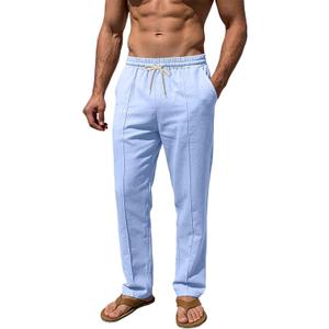 Mens Linen Pants Casual Beach Yoga Pants Elastic Waist Drawstring Straight Leg Loose Lightweight Trousers with Pockets (Blue, XXL)