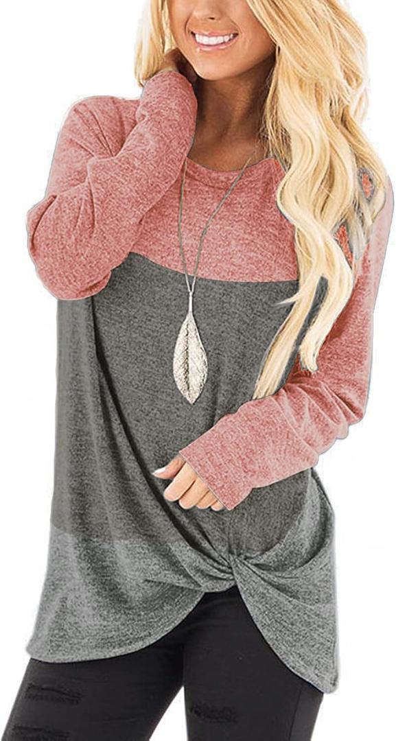 SHIBEVER Long Sleeve Women Tops: Fall Casual Tunic Shirts for Womens Round Neck Twist Knotted Tee Blouses Color Block Pink M