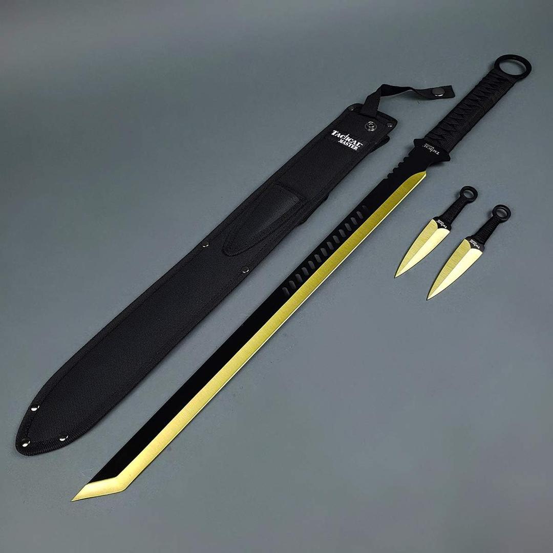 Machete Set with Throwing Knives. for Camping, Outdoor Sports and Collections (Gold-24)