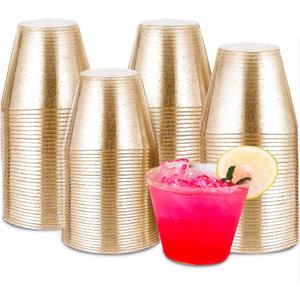 Tobvory 100 Pack Gold Plastic Cups - 9 oz Hard Gold Cups, Premium Disposable Cups For Cocktail And Drinking - Food Grade Party Cups Set - Sturdy Plastic Tumbler Cups For Parties - Gold Glitter