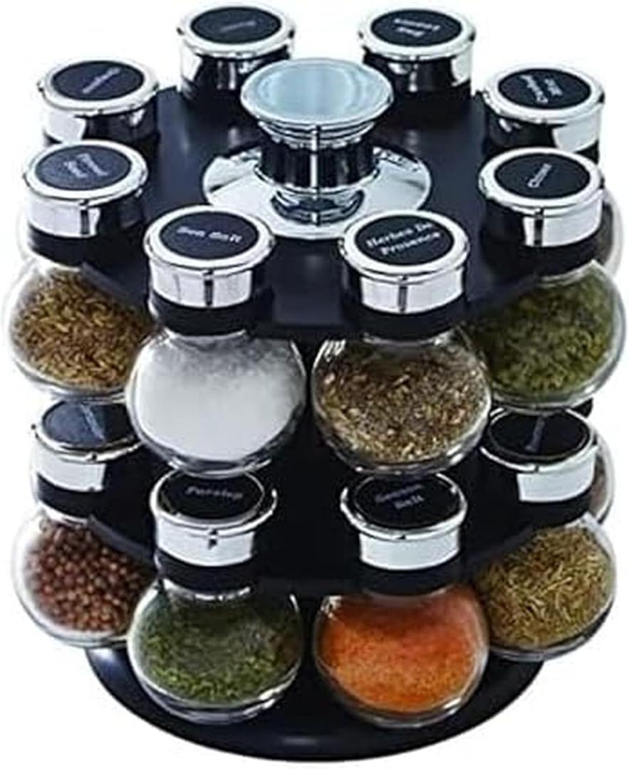 Kamenstein 16 Jar Ellington Revolving Countertop Spice Rack with Lift & Pour Caps and Spices Included, FREE Spice Refills for 5 Years: Black and Chrome