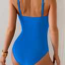 One Piece Swimsuit for Women Modest Full Coverage Bathing Suit Slimming Color Block V Neck Swimwear (Blue, S)