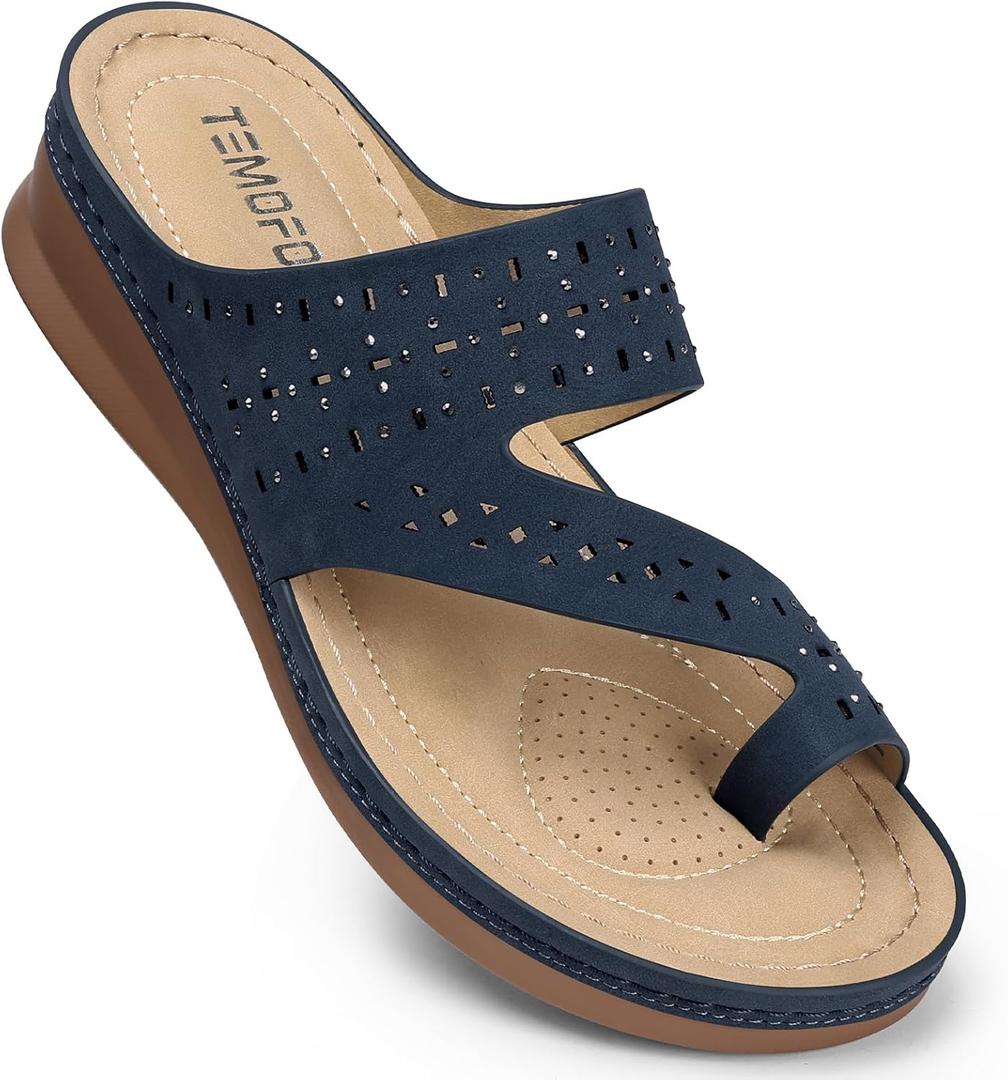 TEMOFON Women Summer Flip Flops Comfortable Wedge Sandals - Dressy Casual Slip on Sandals - Navy Blue Orthopedic Walking Sandals Size 5