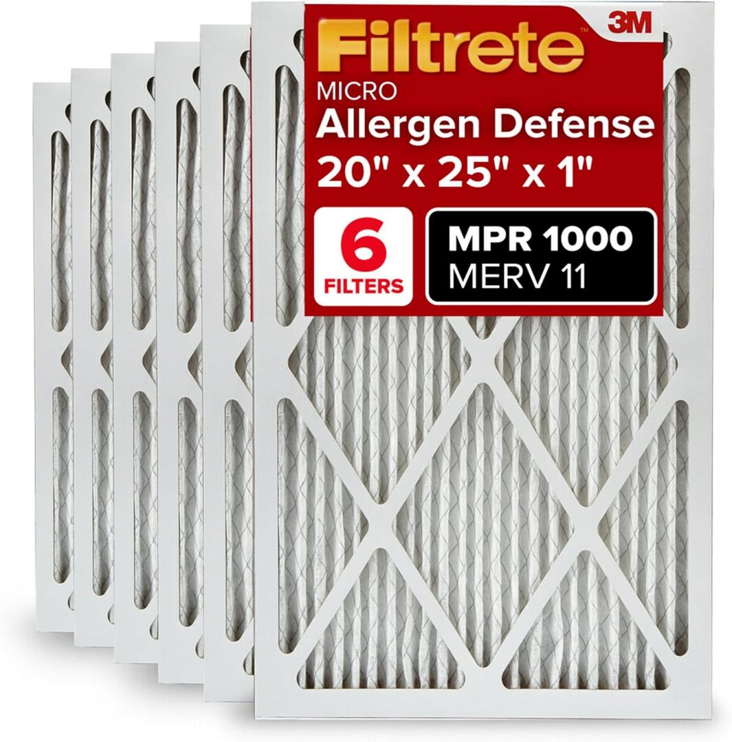 Filtrete 20x25x1 AC Furnace Air Filter, MERV 11, MPR 1000, Micro Allergen Defense, 3-Month Pleated 1-Inch Electrostatic Air Cleaning Filter, 6 Pack (Actual Size 19.69 x 24.69 x 0.81 in)