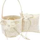 Rustic Flower Girl Basket and Ring Bearer Pillow Set, Champagne Satin Bow Ring Bearer Pillow and Wedding Lace Flower Girl Basket Set for Wedding Ceremony Party(champagne)