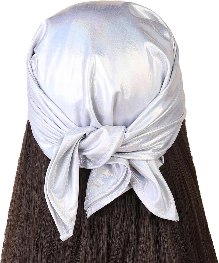 VASTLUCKY 24 Square Head Scarf for Women Girls Y2K Hair Bandanas 90s Sparkly Metallic Hair Scarves (Holographic Silver)
