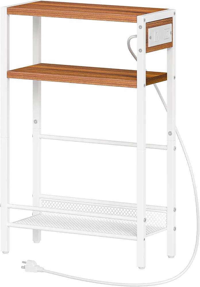 HOOBRO Small Narrow Side Table with Charging Station, Skinny End Table for Small Spaces, Slim Nightstand with USB Ports Outlet, Sofa Beside Table with Storage Shelf, White and Walnut WH102UBZ01