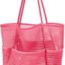 KPX Beach Bag with Mini Pocket, Summer Beach Tote Bags for Women Large Foldable Mesh Swimming Pool Travel Bags - Sandproof (Rose)