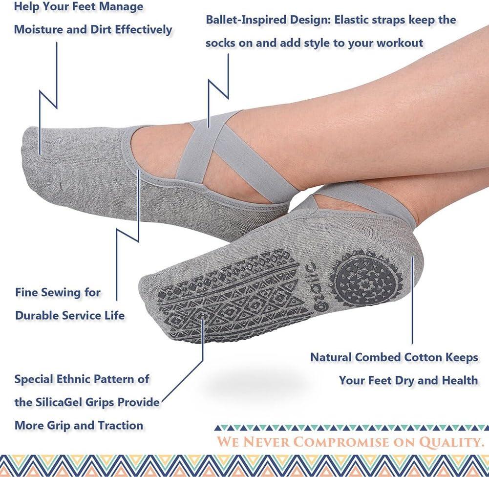 Ozaiic Yoga Socks for Women Non-Slip Grips & Straps, Ideal for Pilates, Pure Barre, Ballet, Dance, Barefoot Workout, Grey