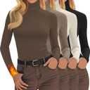 4 Pack Women's Turtleneck Tops Ribbed Long Sleeve Thermal Shirts Cotton Slim Fitted Base Layer Thermal Underwear (Medium, Black, Cream, Khaki, Brown)
