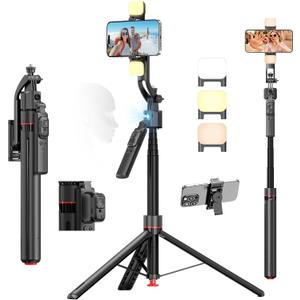 Auto Face Tracking Phone Tripod One-Touch Open 69.3" Selfie Stick 360 Rotatable Tripod for iPhone with Fill Light & Remote Extendable Stand for Vlogging Live Streaming Video Recording Content Creator (Black)
