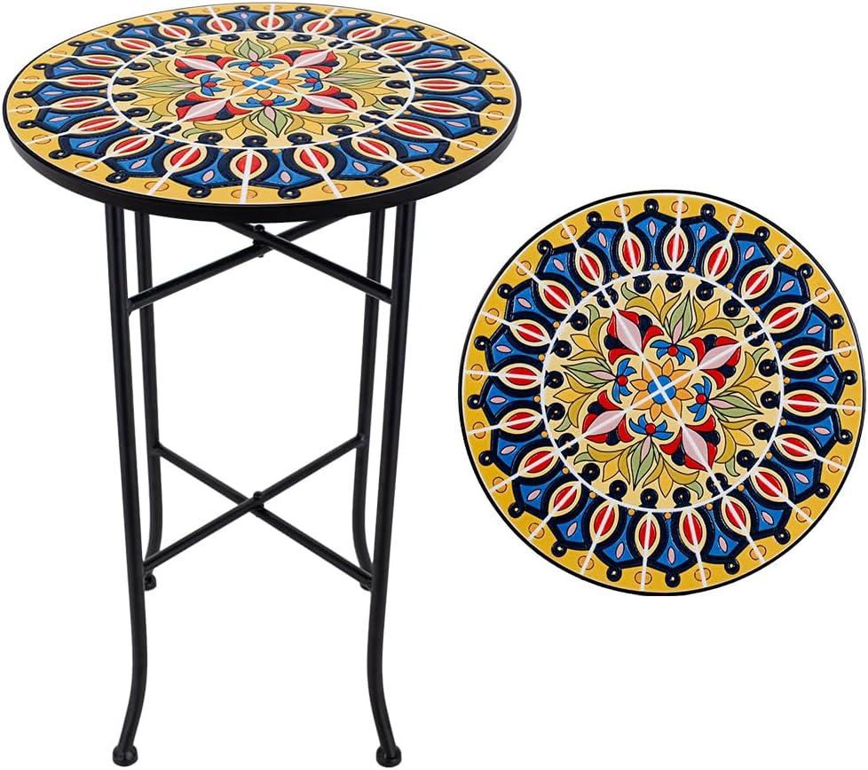 14 Inch Mosaic Patio Round Side Table with X-Straight Legs, 14" x 14" x 21.85"