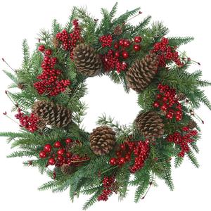 22 Artificial Christmas Wreath Norfolk Pine Wreath for Front Door with Pine Needles Red Berries Big Pinecones Christmas Decorations for Winter Farmhouse Wall Indoor Outdoor Home Holiday Xmas Decor (Green and Red)