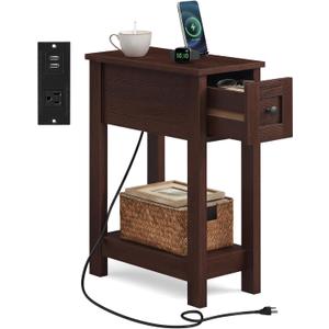 VASAGLE Farmhouse End Table with Storage Drawer, Narrow Side Table with Charging Station, Nightstand, Easy Assembly, for Living Room, Bedroom, Saddle Brown ULET328K01, Rectangular