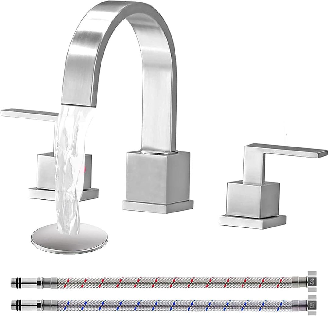 KINGO HOME 3 Hole Widespread Brushed Nickel Bathroom Faucet,Modern Waterfall 8 inch 2 Handle Bathroom Sink Faucet Vanity Bathroom Faucet for Sink 3 Hole with Pop Up Drain and Water Supply Lines